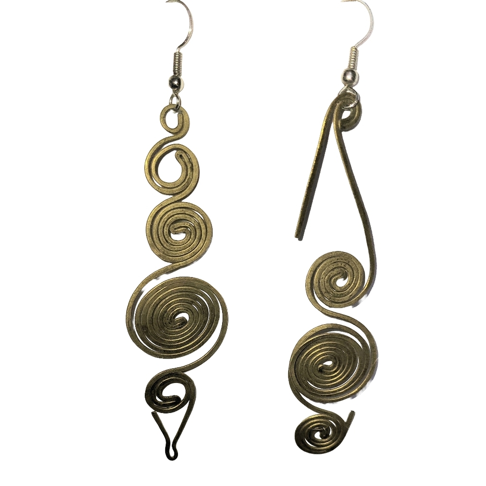 Geometric Tribal Asymmetrical Brass Swirl Dangle Earrings